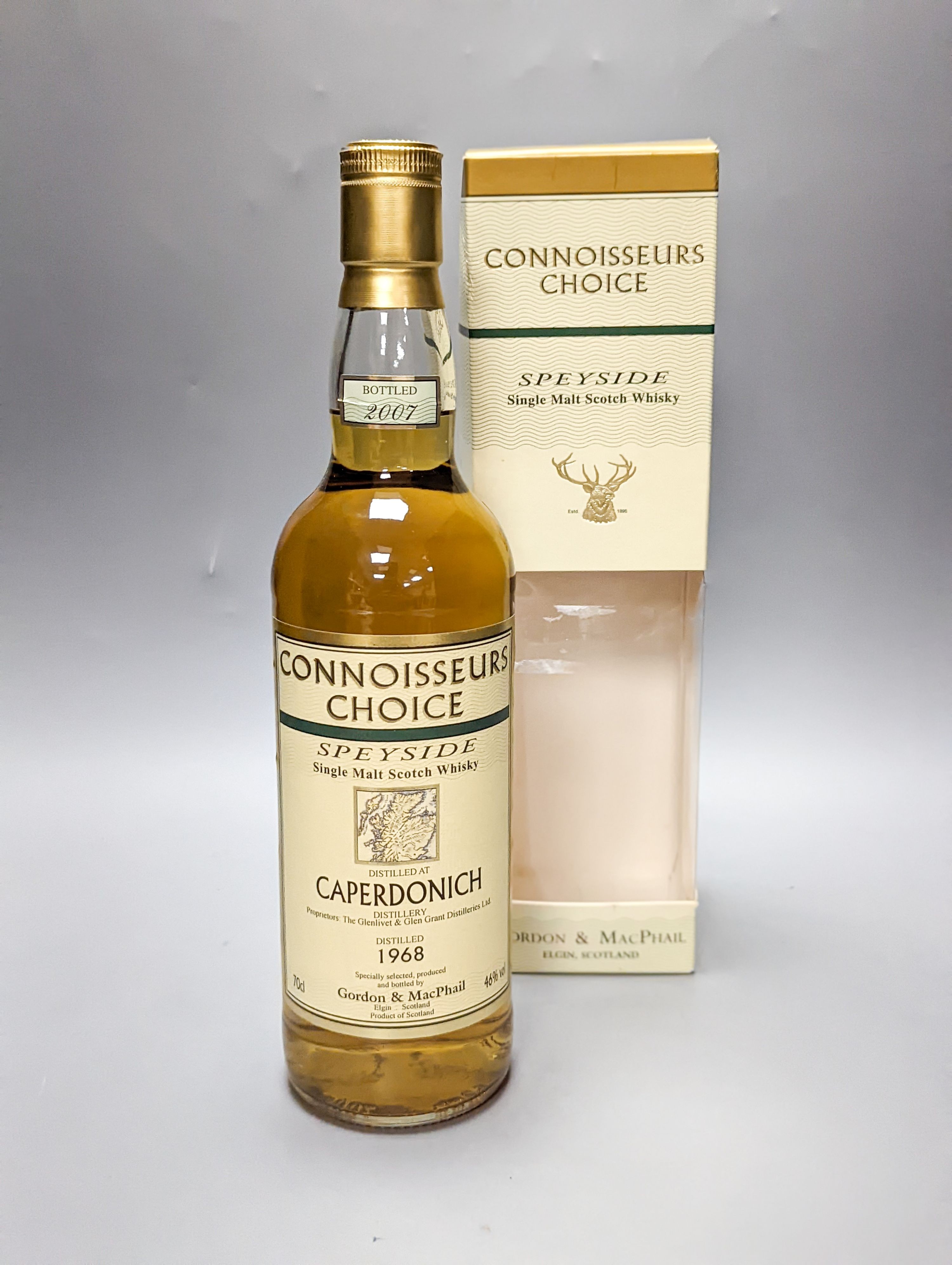 One bottle of Caperdonich Connoisseur's Choice single malt whisky, distilled 1968, in original box.